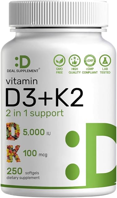 DEAL SUPPLEMENT Vitamin D3 5,000 IU + K2 MK7 Softgels, 250 Count | 2-in-1 Complex | Supports Heart, Bone, Teeth & Immune Health | Easy to Swallow