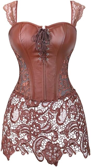 Leather Corset Bustier Dress Lace Straps Basque Women's Punk Rock Buckle-up with Black