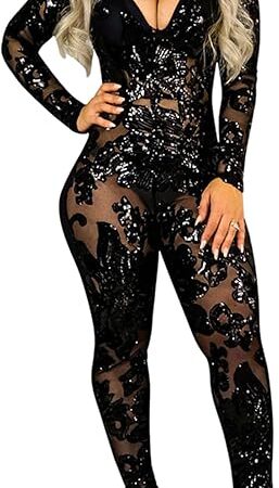 Women's Sexy Sequin Bodycon Jumpsuit Lace V Neck Long Sleeve Romper Birthday Outfit Clubwear