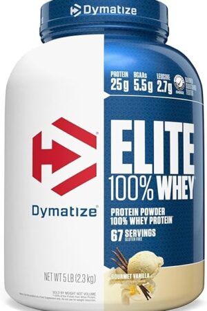 Dymatize Elite 100% Whey Protein Powder, Vanilla, 25g of Protein, 55g BCAAs, Less Than 140 Cal, Gluten Free, 2g Carb, 2g Sugar, 3g Fat (67 Servings)