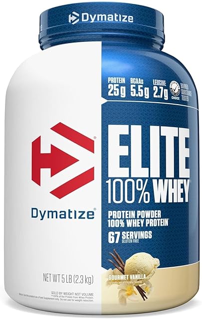 Dymatize Elite 100% Whey Protein Powder, Vanilla, 25g of Protein, 55g BCAAs, Less Than 140 Cal, Gluten Free, 2g Carb, 2g Sugar, 3g Fat (67 Servings)