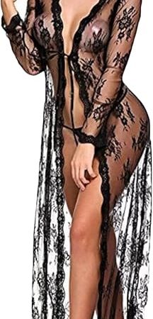 Women Sexy Lace Robe Sheer Mesh Lingerie Set See Through Kimono Gown with Panty Slutty Erotic Temptation Sleepwear