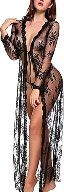 Women Sexy Lace Robe Sheer Mesh Lingerie Set See Through Kimono Gown with Panty Slutty Erotic Temptation Sleepwear