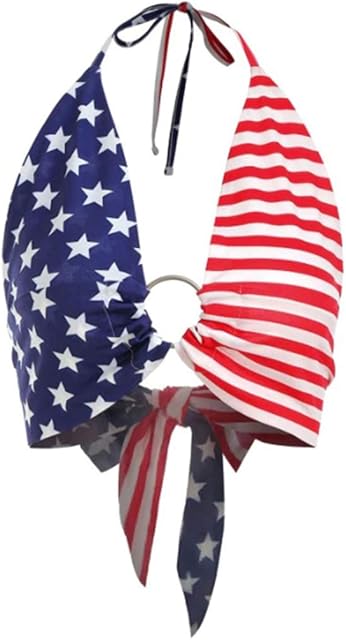 Women USA Flag Halter Backless Camis Streetwear Club Patchwork Camisole Crop Top,