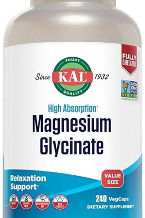 KAL Magnesium Glycinate, New & Improved Fully Chelated High Absorption Formula with BioPerine, Bisglycinate Chelate for Stress, Relaxation, Muscle & Bone Health Support, 60 Servings, 240 VegCaps