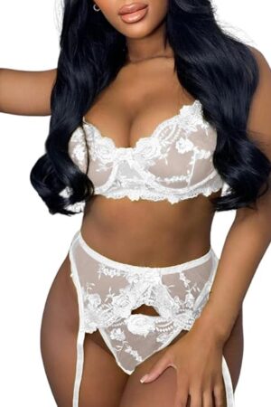 Garter Lingerie for Women,Floral Embroidered Underwire Sexy Lingerie,Lace Mesh Sheer Matching 3 Piece Lingerie Set Bridal Bride White Small