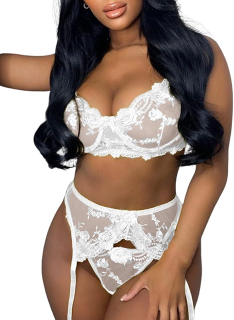 Garter Lingerie for Women,Floral Embroidered Underwire Sexy Lingerie,Lace Mesh Sheer Matching 3 Piece Lingerie Set Bridal Bride White Small