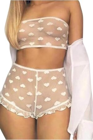 Women's Valentine's Day Heart Print Lingerie Set Sexy Mesh See Through Bandeau Bra and Ruffle Shorts Teddy Babydoll