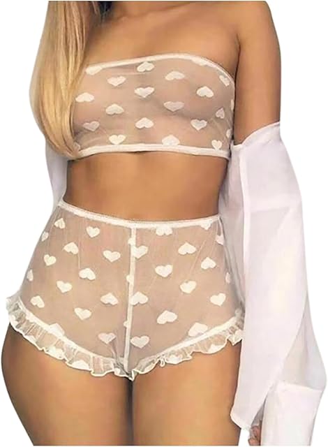 Women's Valentine's Day Heart Print Lingerie Set Sexy Mesh See Through Bandeau Bra and Ruffle Shorts Teddy Babydoll
