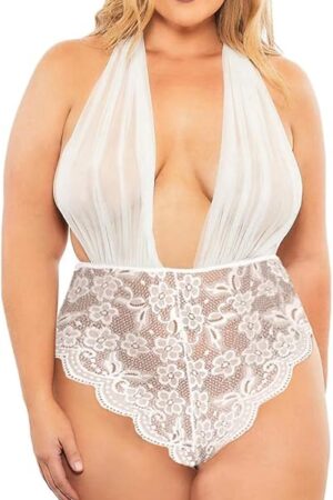 Deep Halter Backless Teddy Lace Women Sexy Lingerie Bodysuit Jumpsuit V-Neck Plus Size Cute Lingerie for (White, XXL)