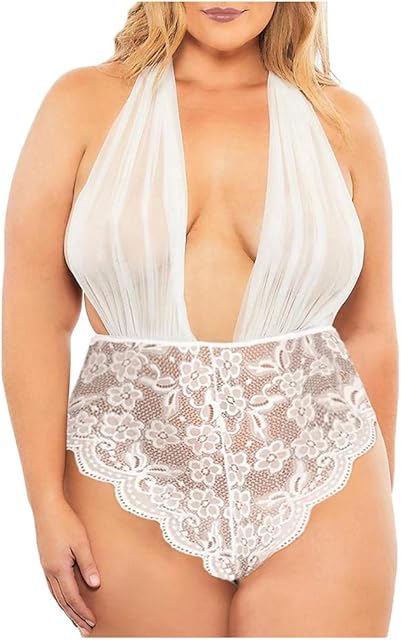 Deep Halter Backless Teddy Lace Women Sexy Lingerie Bodysuit Jumpsuit V-Neck Plus Size Cute Lingerie for (White, XXL)