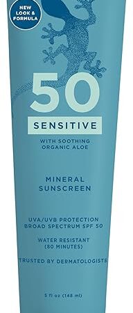 BLUE LIZARD Sensitive Mineral Sunscreen with Zinc Oxide 50+ Water Resistant UVAUVB Protection with Smart Cap Technology Fragrance Free, Sensitve, SPF 50 - - Tube, Unscented, 5 Fl Oz