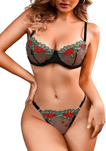 2Pc Sexy Lingerie, Contrast Color Floral Embroidery, Bra And Panty Set