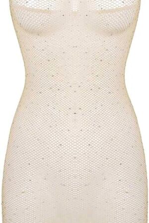 Women's Sexy Fishnet Bodysuit Rhinestone Mesh Mini Tube Dress Stretch Lingerie Chemise Nightwear