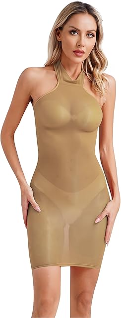 Women's Oil Glossy See Through Lingerie Dress High Stretch Hip Wrap Bodycon Dresses Nightwear