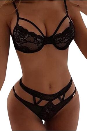 Women's Exotic Lingerie Sets Sexy Naughty Cut Out See Thru Floral Lace Bra and Panty Set Sheer Thongs Underwear