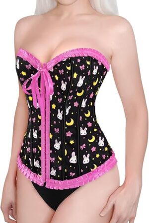 Women's Lace Up Boned Overbust Corset Bustier Bodyshaper Top - Usagi Moon Pattern