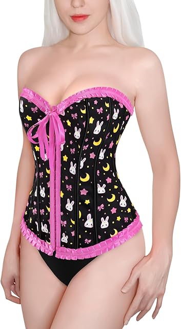 Women's Lace Up Boned Overbust Corset Bustier Bodyshaper Top - Usagi Moon Pattern