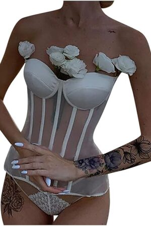 Women's Mesh Corsets Lace Sheer Overbust Bustier Lingerie Top Waist Slim Body Shaper Sexy Boned Lace Up Fairy Top