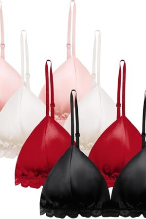Women's Satin Bralette Tops 100% Silk Wirefree Sexy Bra Lace Bra with Removable Pads (4 Packs, Black-White-Red-Pink)