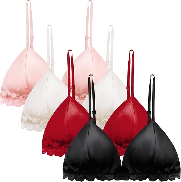 Women's Satin Bralette Tops 100% Silk Wirefree Sexy Bra Lace Bra with Removable Pads (4 Packs, Black-White-Red-Pink)