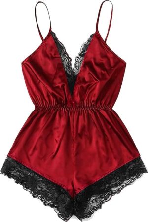 Women Satin Bodysuit Lingerie Lace Trim V Neck Teddy Babydoll Spaghetti Strap Pajamas Sexy Romper Sleepwear