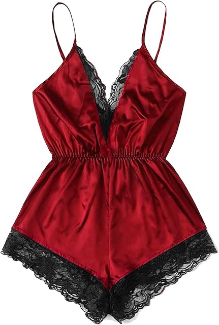 Women Satin Lingerie Bodysuit V Neck Lace Trim One Piece Teddy Babydoll Spaghetti Strap Pajamas Romper Sleepwear