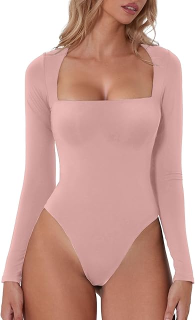 Women's Sexy Square Neck Bodysuit Long Sleeve Double Lined Shirt Tops