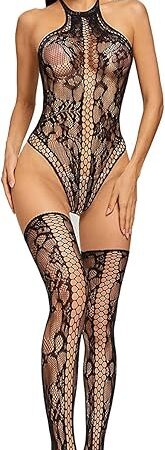 Women's Sexy Fishnet Lingerie Sets Halter Lace Teddy Bodysuits Babydoll Tops+Lace Sheer Thigh High Stockings