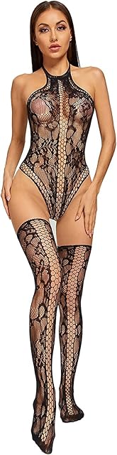 Women's Sexy Fishnet Lingerie Sets Halter Lace Teddy Bodysuits Babydoll Tops+Lace Sheer Thigh High Stockings