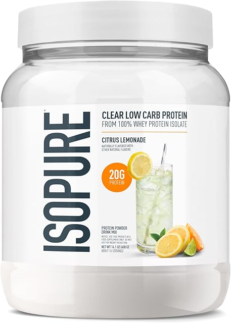 Isopure Clear Whey Isolate Protein Powder, Lactose Free, Gluten Free, Naturally Flavored, Citrus Lemonade, 20g Protein Per Serving, 141 Oz, 16 Servings (Packaging May Vary)