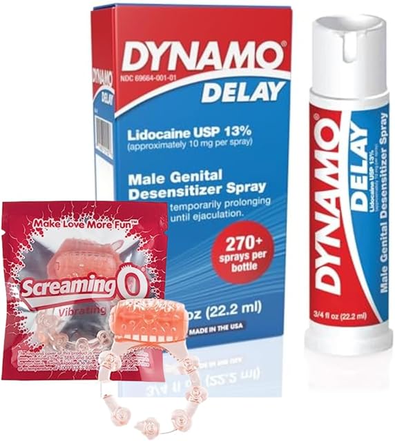 Dynamo Delay Spray & Vibrating Ring Combo ? Climax Control Spray for Men, 13% Lidocaine Formula to Help You Last Longer, Non-Irritating, Discreet Pleasure Kit