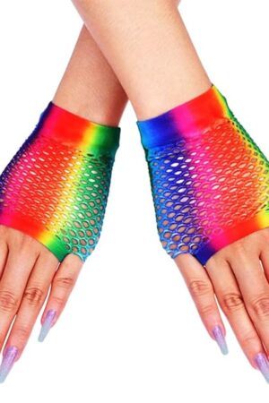 Fashion Rainbow 80s Fishnet Gloves Fingerless Sexy Glove Stretchy Goth Gloves Party Dance Costume for Women and Girls