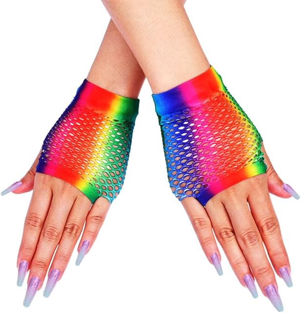 Fashion Rainbow 80s Fishnet Gloves Fingerless Sexy Glove Stretchy Goth Gloves Party Dance Costume for Women and Girls