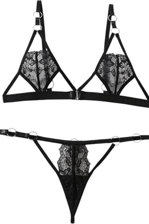 Women's 2 Piece Lingerie Sets Cut Out Lace Wireless Triangle Bra and Low Rise Thongs