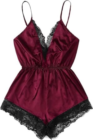 Women Satin Bodysuit Lingerie Lace Trim V Neck Teddy Babydoll Spaghetti Strap Pajamas Sexy Romper Sleepwear