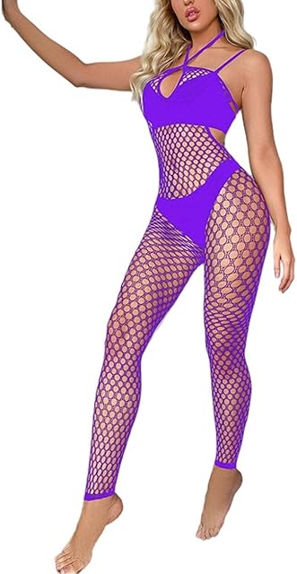Women's Sexy Mesh Bodystocking Fishnet Lingerie See Through Dress Stretches Tight Halter Bodysuit Crotchless