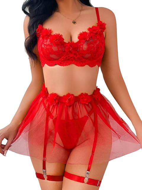 Lace Lingerie Garter Set,3D Floral Sheer Mesh Tulle Skirt,4 Pieces Sexy Boudoir Outfits For Women Valentines