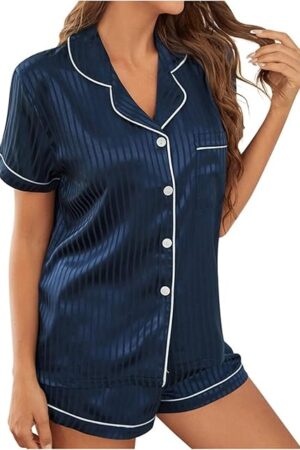 Women's Striped Satin Sleepwear Short Sleeve Shirt and Shorts Pajama Soft Silk Button Down Loungewear Pjs Shorts Set