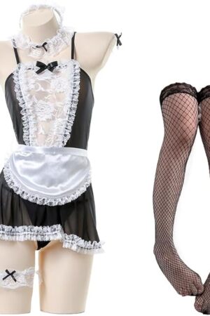 1pc Sexy Naughty Maid Role-Play Costume with Contrast Lace Split Slip Babydoll and Thong - Women's Lingerie and Underwear Set Black