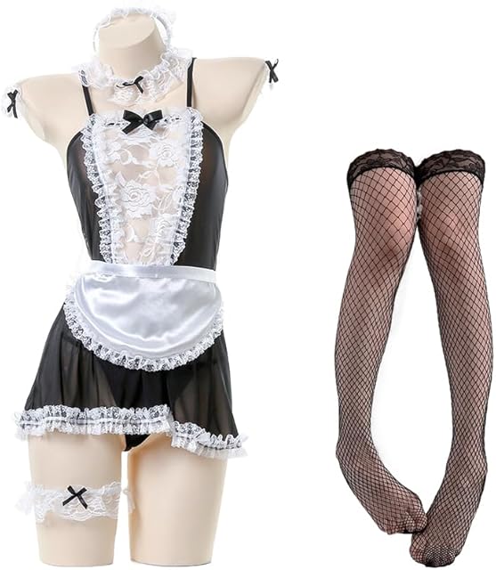 1pc Sexy Naughty Maid Role-Play Costume with Contrast Lace Split Slip Babydoll and Thong - Women's Lingerie and Underwear Set Black