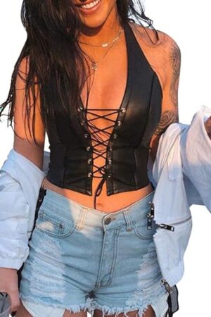 Women's Adjustable Spaghetti Straps PU Leather Bustier Crop Tube Top