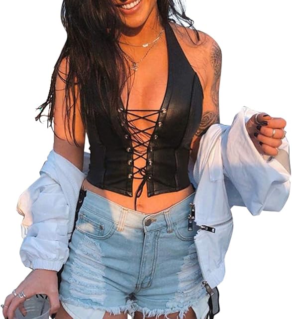 Women's Adjustable Spaghetti Straps PU Leather Bustier Crop Tube Top