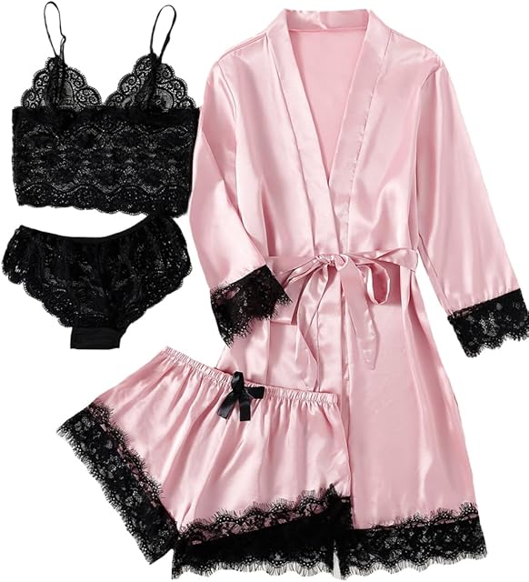 Women's 4pcs Sleepwear Satin Floral Lace Trim Cami Pajama Set with Robe