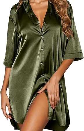 Women's Satin Nightgown Button Down Sleepshirt Silk 3/4 Sleeve Silk Night Shirts Sexy Lingerie Robe Pajamas Dress