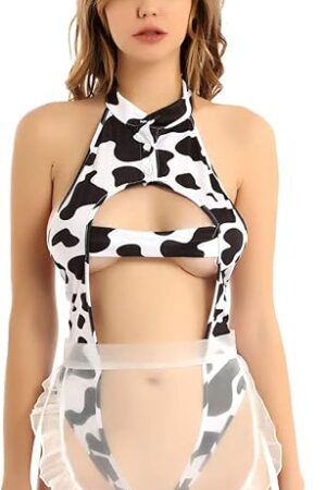 Womens Sexy Cow Print Japanese Anime Cosplay Outfits Underwear Lingerie Leotard Bodysuit