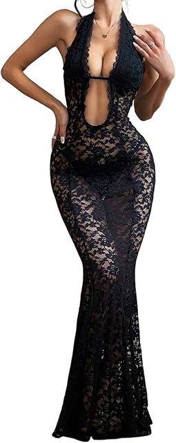 Women Sheer Mesh Sleeveless Dress Cut Out Halter Neck Bodycon Party Beach Club Dress Cover Up