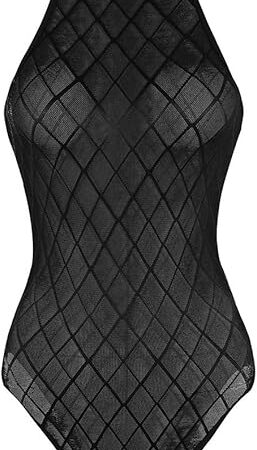 Women Sleeveless Sexy Plaid Mesh Sheer Bodysuit Lingerie Back Zip Teddy High Cut Thong Leotard