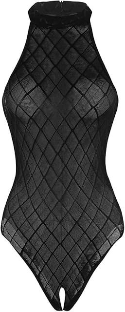 Women Sleeveless Sexy Plaid Mesh Sheer Bodysuit Lingerie Back Zip Teddy High Cut Thong Leotard