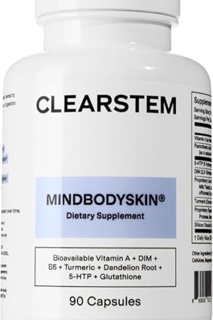 CLEARSTEM - MINDBODYSKIN Hormonal Acne Supplement (5-HTP) - Natural DIM Supplement - Skin Care Vitamins - Hormone Balance, Antioxidants - Vegan, Gluten Free, Cruelty Free - 30 Servings, 90 Capsules